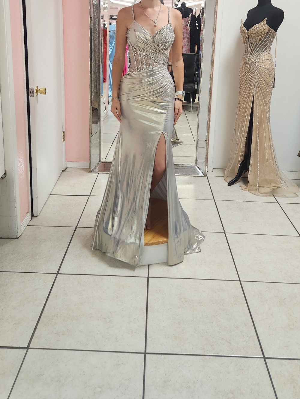 Silver Metallic Evening Gown with Side Slit